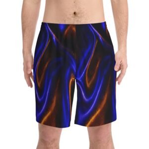 echoflame men's beach shorts — blue & orange metallic wave all over print