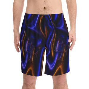 echoflame men's beach shorts – iridescent blue & copper satin wave print